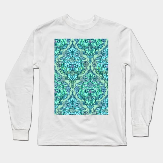 Botanical Moroccan Doodle Pattern in Mint Green, Lilac & Aqua Long Sleeve T-Shirt by micklyn